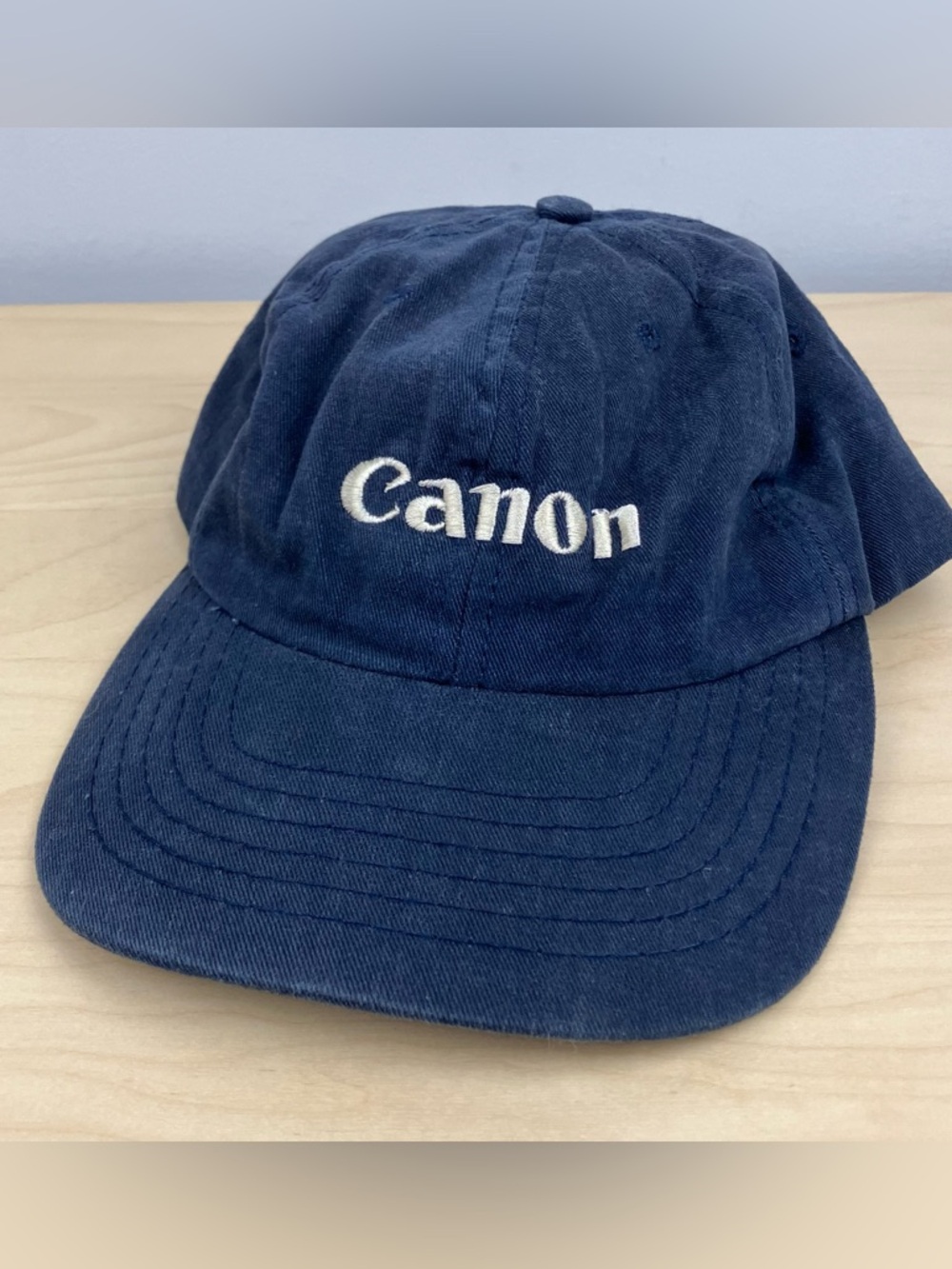Vintage Canon EOS Strapback Hat Navy Blue Embroidered Logo Leather Strap USA